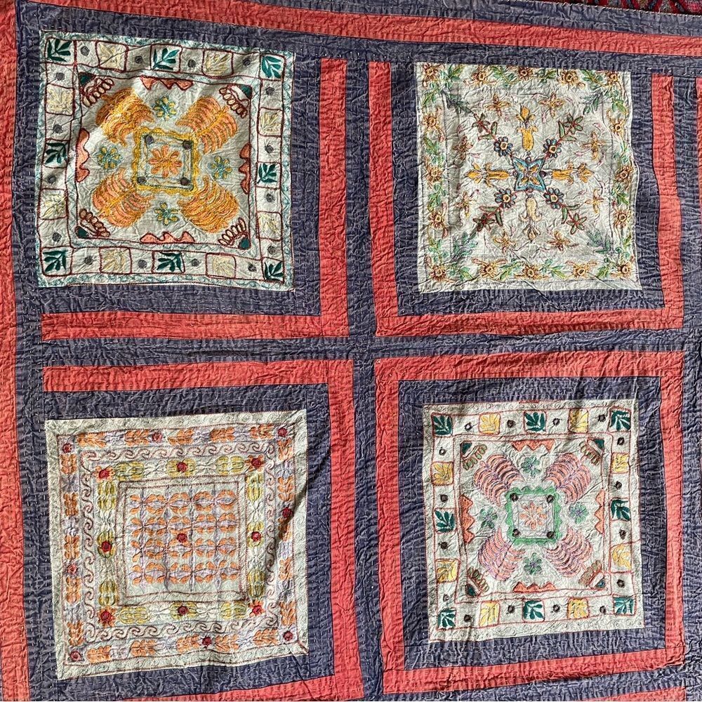 Vintage Handmade Indian Quilt Kantha Embroidery Mirror Work Queen King NWOT